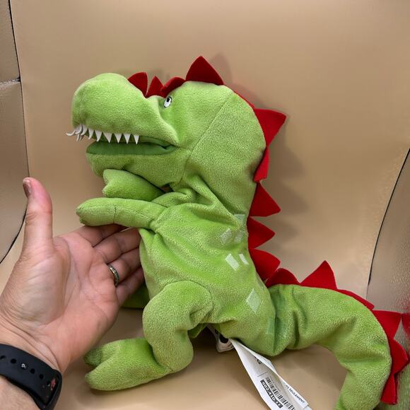 Ikea Green Dinosaur Hand Puppet Plush Laskig Stuffed Dragon Spike Teeth Red Fun - Picture 1 of 7